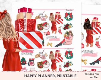 Christmas printable planner stickers for Erin Condren, Happy planner weekly sticker kit, Winter spread, Holidays set, Silhouette cut files