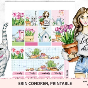 Kit d’autocollants printables de jardinage, autocollants de planificateur, scrapbooking, floral, jardin, tulipes, papillons, cru, mars, avril, mai