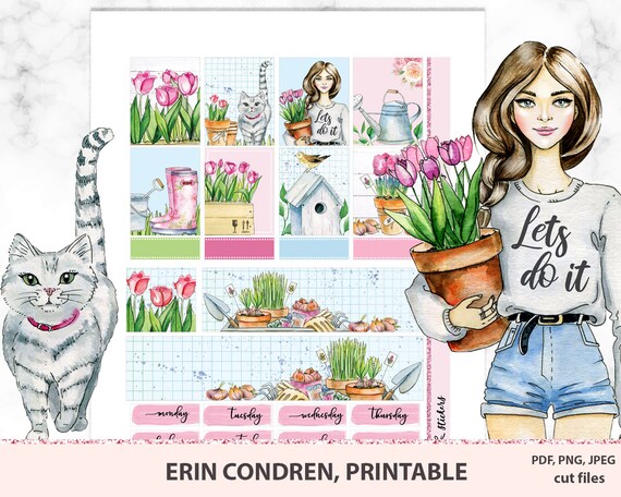 Gardening Printable Spring Stickers Kit, Planner Stickers, Scrapbooking, Floral, Garden, Tulips, Butterflies, Vintage, March, April, May