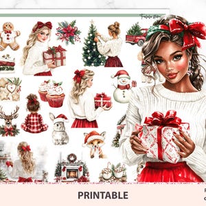 May include: A printable sheet featuring Christmas-themed illustrations. The sheet includes images of a woman, a snowman, a gingerbread man, a Christmas tree, and other festive elements. The text "PRINTABLE" is visible at the bottom.