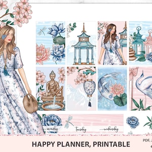 Cherry Blossom Happy Planner Adesivi stampabili, Kit adesivo settimanale, pacchetto adesivi digitali, fiori ad acquerello Sakura, file tagliati silhouette