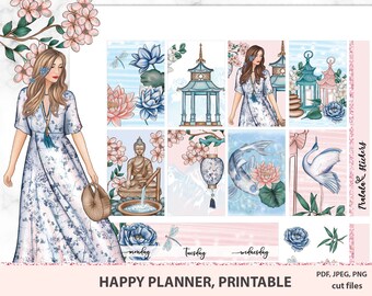 Cherry Blossom Happy Planner Stickers Printable, Weekly Sticker Kit, digital stickers pack, Sakura watercolor flowers, Silhouette cut files