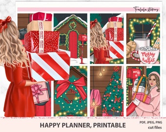 May include: A set of printable Christmas planner stickers featuring a woman carrying gifts, a Christmas tree, a mailbox, and a mug with the text "Merry & Bright".
