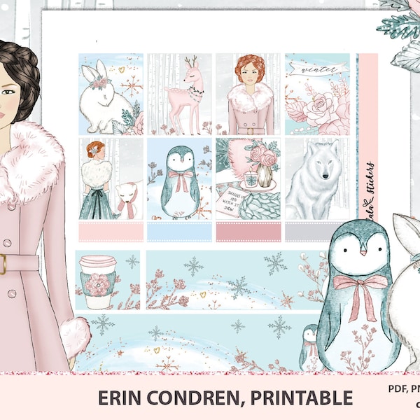 Pastel Winter Erin Condren printable planner sticlkers, weekly kit with animals, forest friends,Watercolor scrapbook stickers,Cut line files