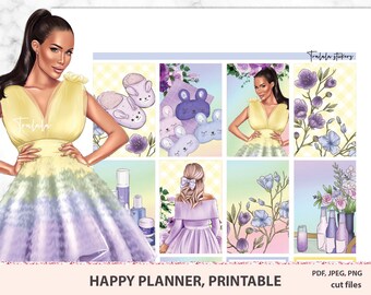May include: A set of printable planner stickers featuring a woman in a yellow and purple dress, flowers, and bunny slippers. The stickers are designed for use with Happy Planners and are available in PDF, JPEG, and PNG formats.