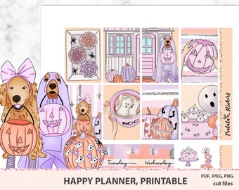 May include: Printable Halloween planner stickers featuring cute dogs in costumes, pumpkins, ghosts, and other spooky elements. The stickers are designed for use with Happy Planners.