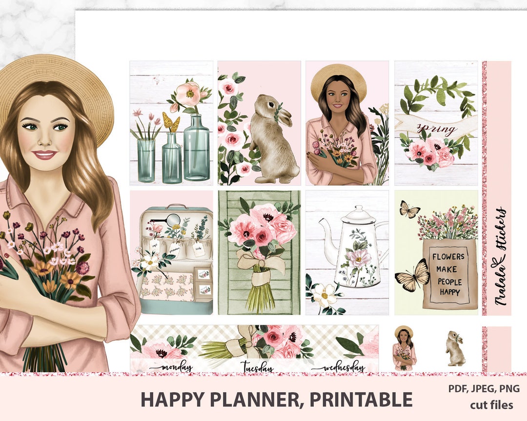 Spring Happy Planner Printable Stickers, Botanical Stickers, Printable ...