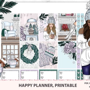 Winter Stickers for Happy Planner Classic, Fashion girl weekly kit for cold weather, ECLP snowing printable set Silhouette pastel neutral