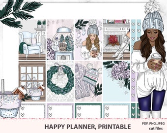 Winter Stickers for Happy Planner Classic, Fashion girl weekly kit for cold weather, ECLP snowing printable set Silhouette pastel neutral