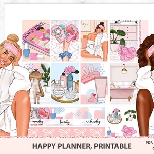 May include: A set of printable planner stickers featuring illustrations of women in pajamas, a magazine, and bathroom items. The stickers are designed for use with a Happy Planner.