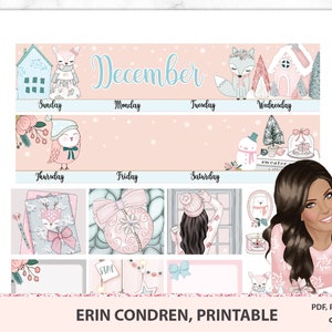 December maandelijkse sticker kit afdrukbare Erin Condren life planner verticale weergave, december 2020 maandelijkse kit, pastelkleuren sneeuwen thema