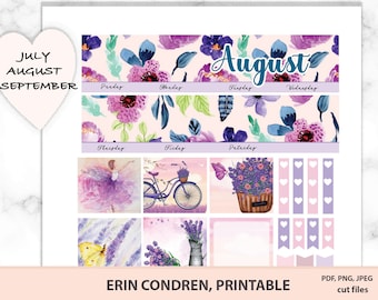 August monthly kit Erin Condren printable stickers for planner,Lavender field September monthly stickers printable with Silhouette cut files