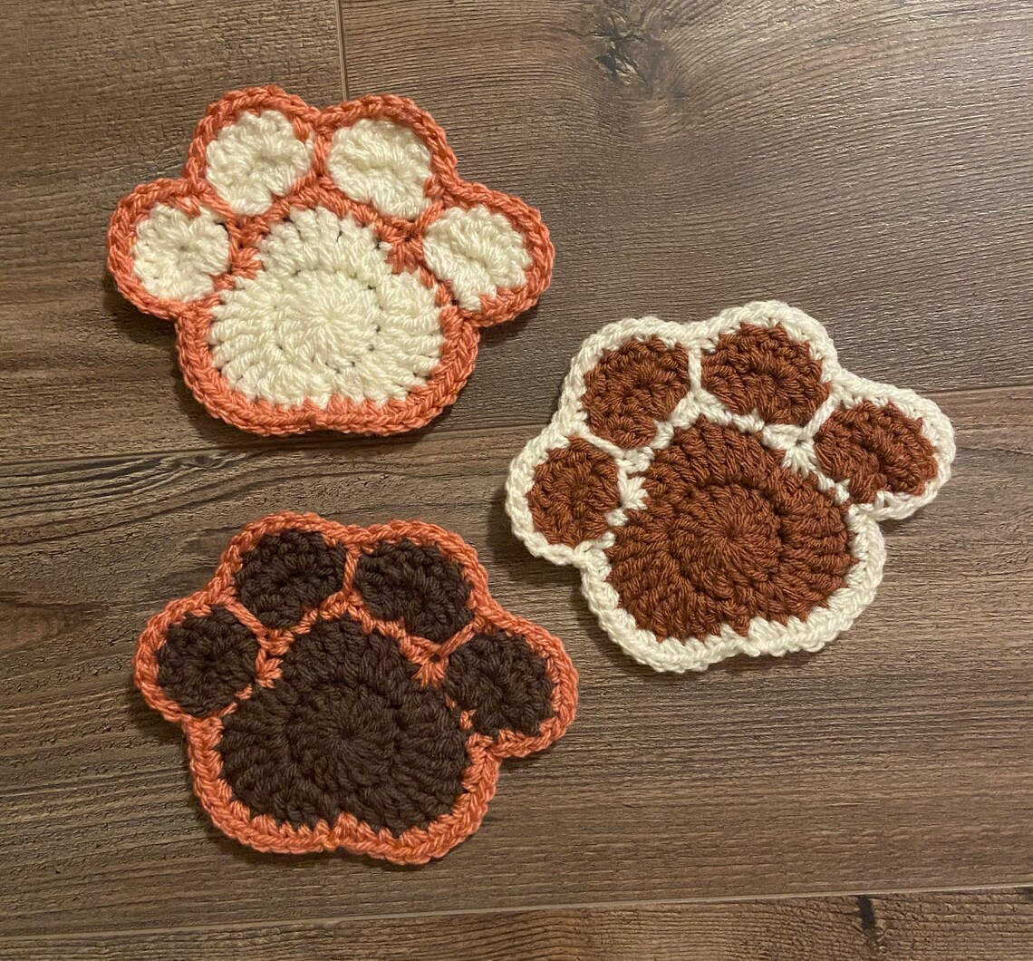 Crochet Paw Print Coaster Set Dog Paw Coaster Cat Paw Etsy