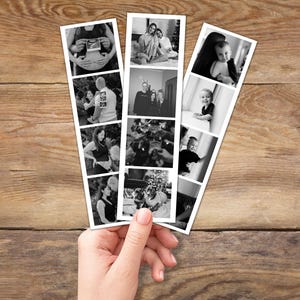 May include: Three vertical photo strips featuring a collection of black and white images. Each strip contains four distinct square frames displaying various candid moments, including portraits of people, a baby, and a dog, arranged in a column format.