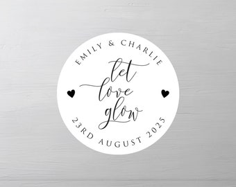 Let Love Glow Personalised Stickers, Wedding Favour Labels, Wedding Candles, Glow Stick Label, Sparklers, Matchbooks Labels, Matchbox Labels