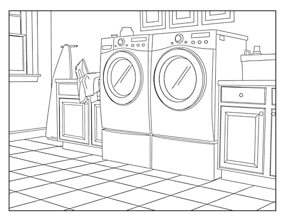 Laundry Room (Around the House) , Coloring Pages for Adults, 1 Printable  Coloring Page, Instant Download PDF