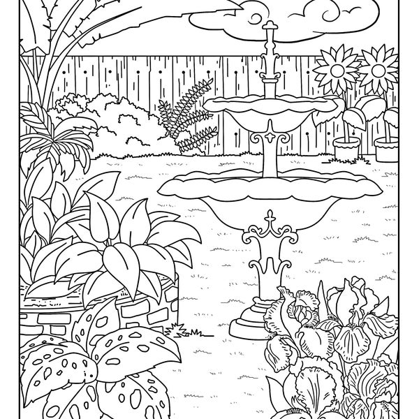 Fountain (Garden Gallery), Coloring Pages for Adults, 1 Printable Coloring Page, Instant Download PDF