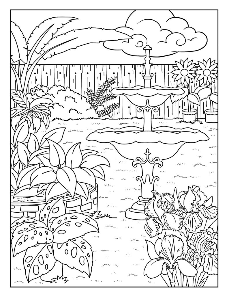 Fountain Garden Gallery, Coloring Pages for Adults, 1 Printable Coloring Page, Instant Download PDF image 1