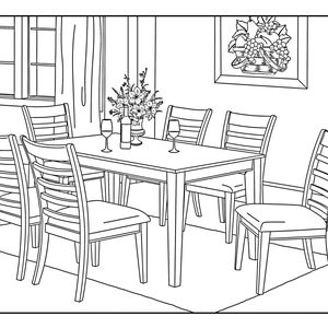 May include: A dining room scene featuring a rectangular table surrounded by six chairs. A floral arrangement and wine glasses are on the table. A framed picture of a fruit basket hangs on the wall. The room has a window and curtains.