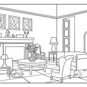 Living Room (Around the House) , Coloring Pages for Adults, 1 Printable Coloring Page, Instant Download PDF