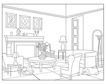 Living Room (Around the House) , Coloring Pages for Adults, 1 Printable Coloring Page, Instant Download PDF