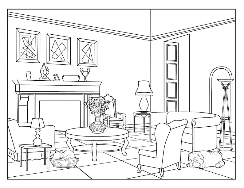 Living Room Around the House , Coloring Pages for Adults, 1 Printable Coloring Page, Instant Download PDF image 1