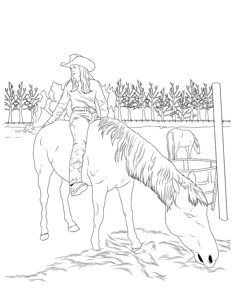 Cowgirls & Horses, Coloring for Adults, 9 Printable Coloring Pages, Instant Download PDF image 2