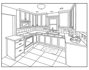 Kitchen (Around the House) , Coloring Pages for Adults, 1 Printable Coloring Page, Instant Download PDF