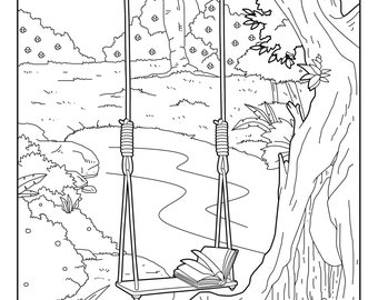 Altalena da giardino (Galleria del giardino), pagine da colorare per adulti, 1 pagina da colorare stampabile, PDF per il download istantaneo