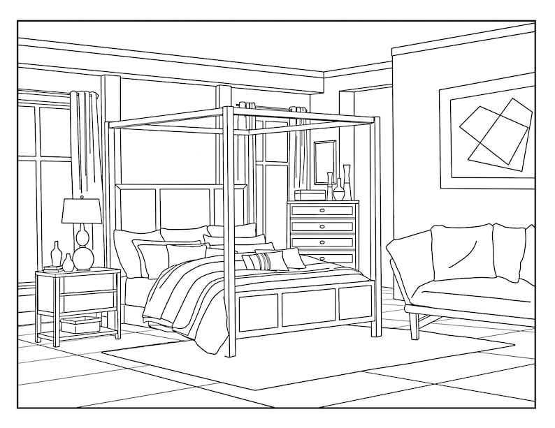 Bedroom Around the House, Coloring Pages for Adults, 1 Printable Coloring Page, Instant Download PDF image 1