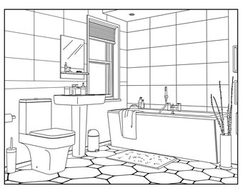 Bagno (in giro per la casa), pagine da colorare per adulti, 1 pagina da colorare stampabile, PDF con download istantaneo