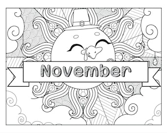 November, Coloring Pages for Adults, 2 Printable Coloring Pages, Instant Download JPG