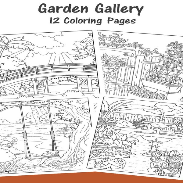 Garden Gallery, Coloring Pages For Adults, 12 Printable Coloring Pages, Instant Download PDF