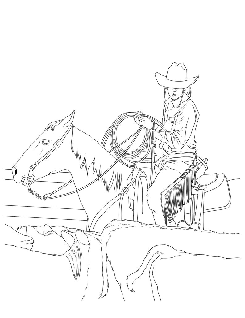 Cowgirls & Horses, Coloring for Adults, 9 Printable Coloring Pages, Instant Download PDF image 1