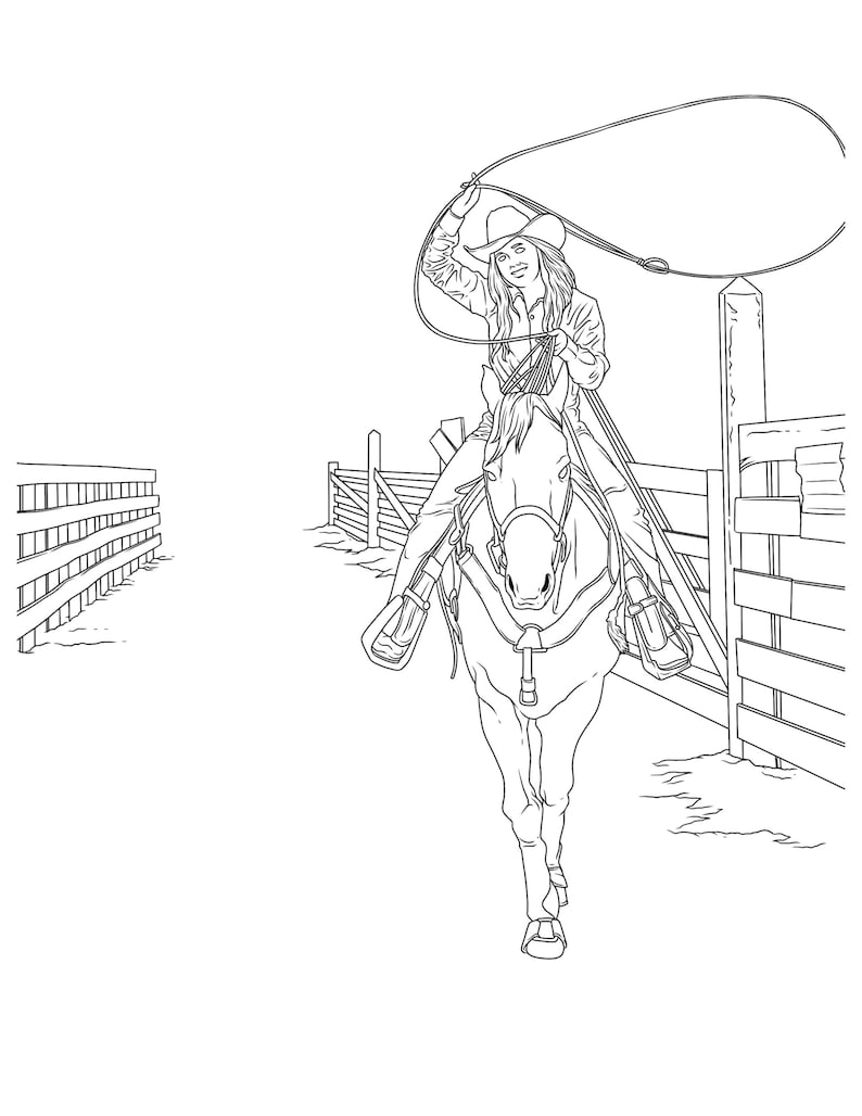 Cowgirls & Horses, Coloring for Adults, 9 Printable Coloring Pages, Instant Download PDF image 6