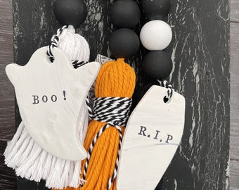 Halloween Door Sign | R.I.P Ghost Personalized Clay Tag | Hotel Boho Decor | Modern Holiday Door Hanger | Minimal Halloween | Welcome Boo!