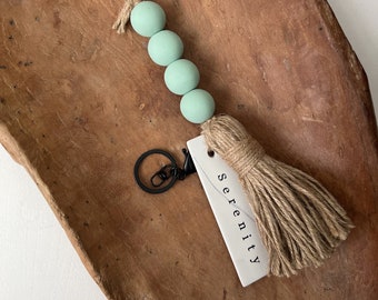 Office | Rental Key Holder | Bead Tassel with Custom Clay Tag | Hotel Boho Decor | Minimal Key Ring VRBO | Unoccupied Restroom | AIRBNB Sign