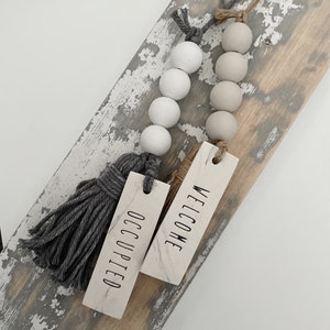 Occupied Custom Bathroom Sign | Welcome Door Knob Garland Tassel Clay Tag | Boutique Hotel Boho Decor | Modern Cabinet Bead |Restroom Sign