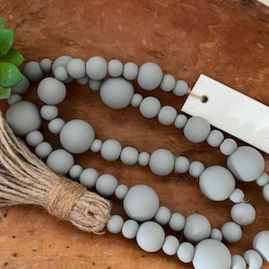 Wood Bead Garland with Clay Tag and Tassel 3ft Farmhouse Beads Tier Tray Decor Wooden Bead Garland Vignette Minimal Boho Chic Gray