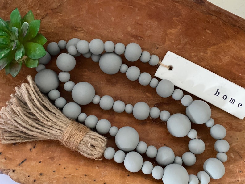 Wood Bead Garland with Clay Tag and Tassel 3ft Farmhouse Beads Tier Tray Decor Wooden Bead Garland Vignette Minimal Boho Chic Gray