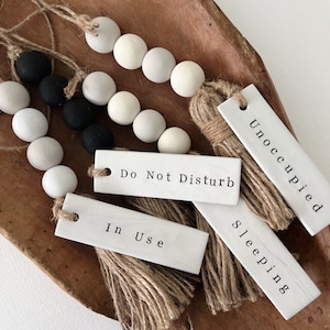 Occupied Bathroom Door Sign Do Not Disturb Wood Bead Tassel Clay Tag Hotel Boho Decor Minimal Office Knob Unoccupied AIRBNB VRBO image 1