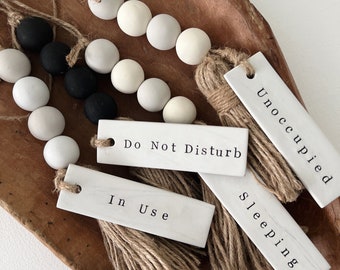 Occupied Bathroom Door Sign | Do Not Disturb Wood Bead Tassel Clay Tag | Hotel Boho Decor | Minimal Office Knob | Unoccupied | AIRBNB VRBO