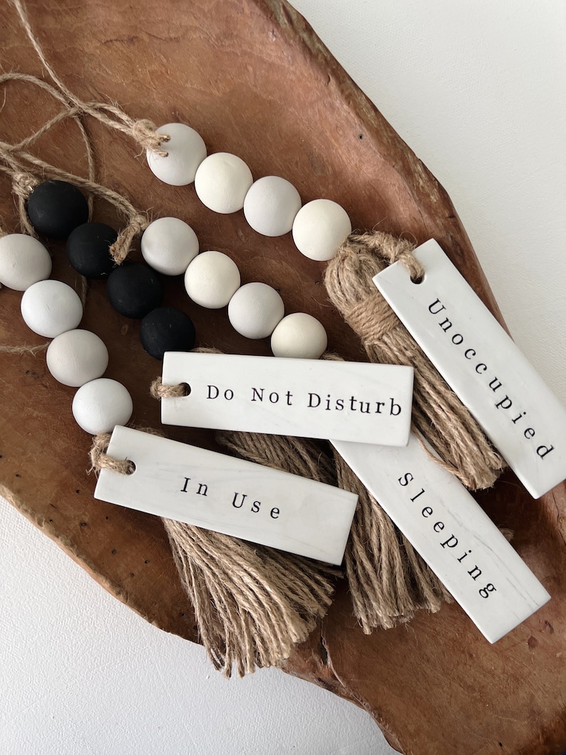 Occupied Bathroom Door Sign Do Not Disturb Wood Bead Tassel Clay Tag Hotel Boho Decor Minimal Office Knob Unoccupied AIRBNB VRBO image 1