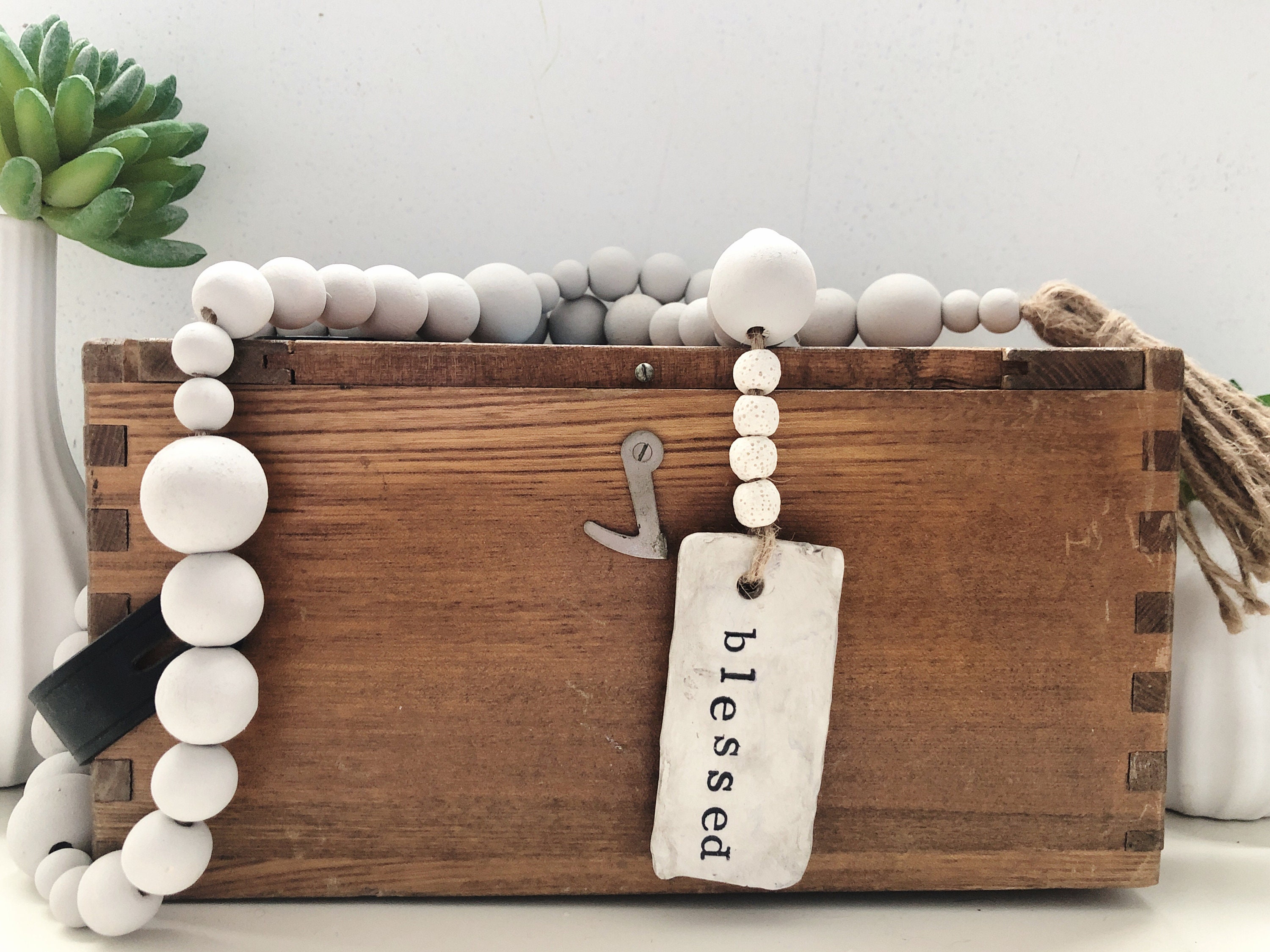 Aromatherapy Wood Bead Garland With Clay Tag and Lava Stones