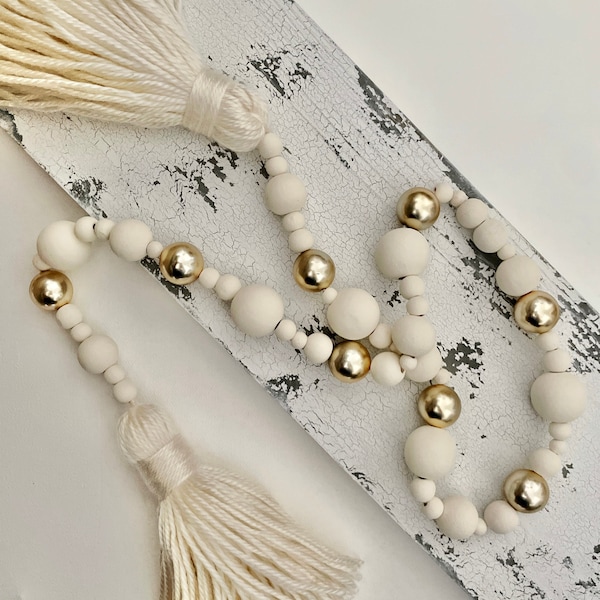 Cream and Gold Mirrored Wood Bead Garland with Tassel | Tag | Modern Natural Decor | Tier Tray Hygge Home | Rustic Farmhouse Mantel Decor