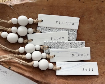 2024 Custom Clay Name Tag Ornaments | Rustic Modern Christmas Stocking Decor | Personalized Gift Tag| Custom Holiday Ornaments | Name Cards