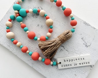Summer 2026 Salmon Aqua Bead Garland | Custom Clay Tag  | 3ft | Modern Coastal Bead | Tray Decor | Beach House Bead Garland | Coastal Beach