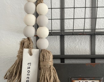 Occupied Bathroom Sign | Wooden Bead Garland Tassels and Clay Tag | Hotel Boho Decor | Modern Farmhouse Door Bead | Unoccupied Restroom Sign
