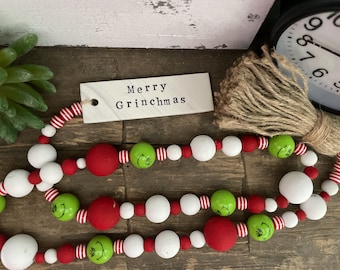 Christmas Grinch Wood Bead Garland with Custom Clay Tag  | Stole Christmas Decor | Red White Stripe | Farmhouse Garland | Tier Tray Decor |