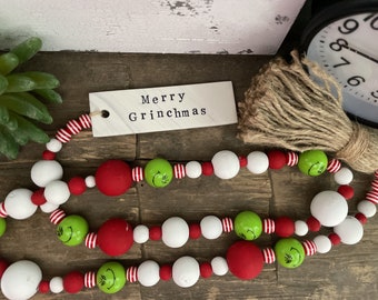 Christmas Grinch Wood Bead Garland with Custom Clay Tag  | Stole Christmas Decor | Red White Stripe | Farmhouse Garland | Tier Tray Decor |